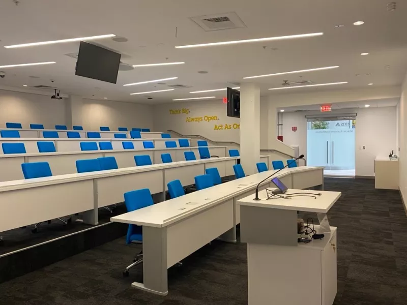 Boston Axis Experience Center Mikael Karlsson Auditorium featuring advanced audiovisual technology for executive meetings, trainings, and presentations.