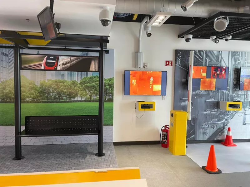 Mexico City Axis Experience Center display of dome and bullet cameras for professional surveillance solutions