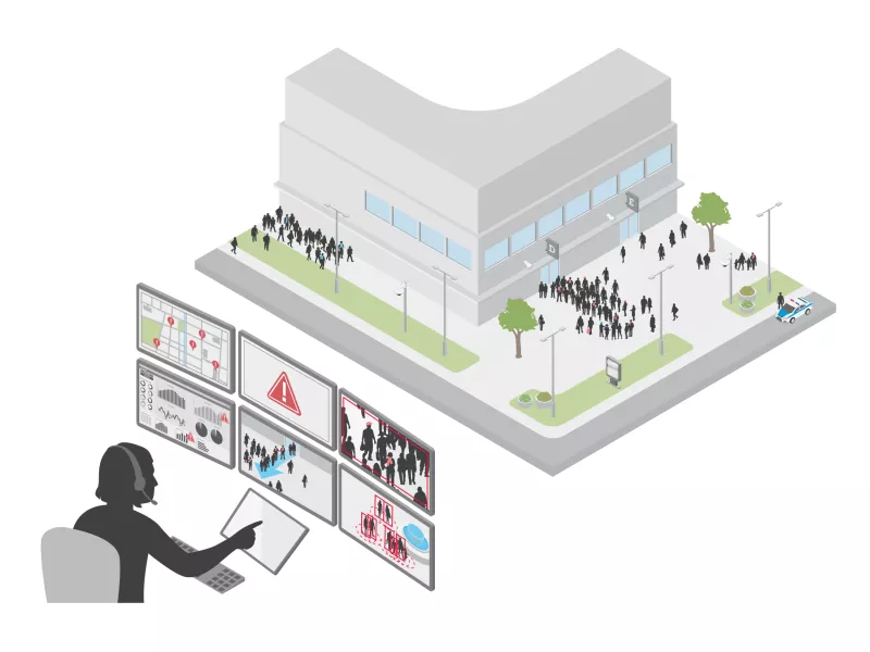 Illustration of an arena being monitored during a large crowd.