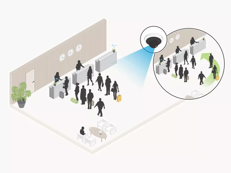 Illustration of AXIS Object Analytics used in a lobby, store and reception.