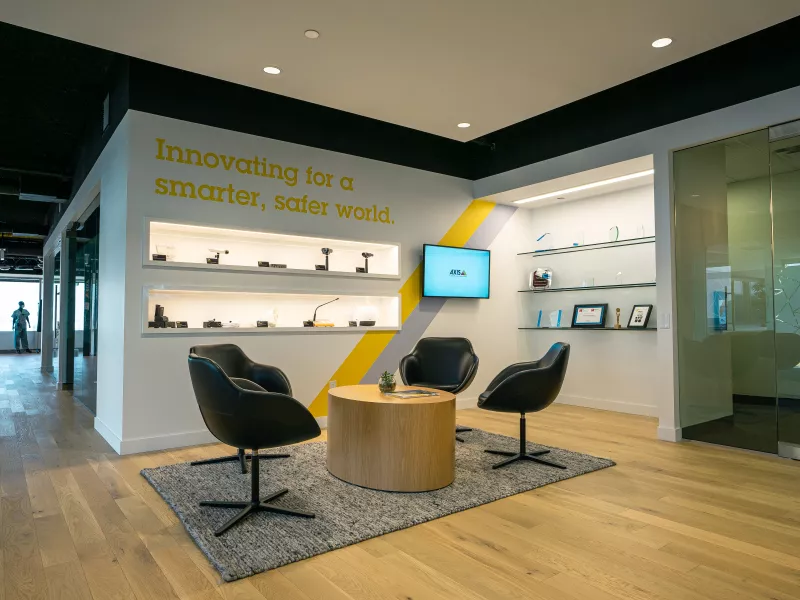 Entrance to the Mississauga Axis Experience Centre showcasing advanced security solutions, network cameras, access control systems, and interactive technology demonstrations.