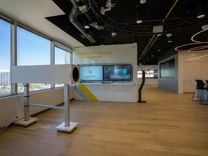 Fully equipped security-focused meeting space featuring modern surveillance technology and customer-ready environments.