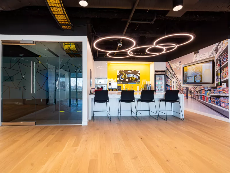 Connected Café at the Vancouver Axis Experience Center, offering a space to relax and network between technology demonstrations.