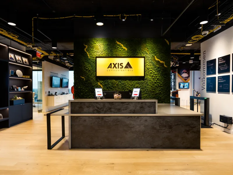 Reception area at the Houston Axis Experience Center welcoming visitors to the Axis Experience Center in Houston