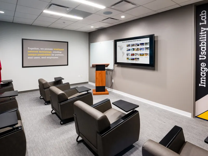 Theater room at the Houston Axis Experience Center designed for immersive product demonstrations and presentations