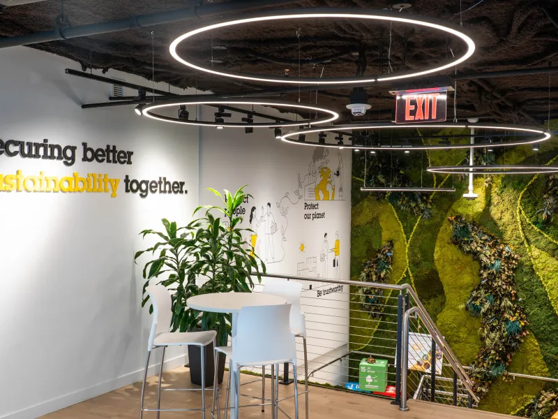 DC Axis Experience Center sustainability wall highlighting environmental responsibility
