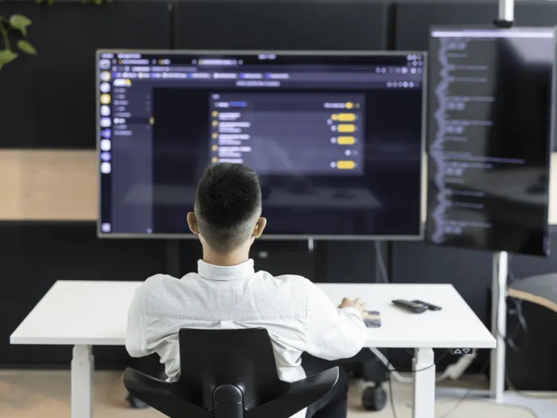 Developer sitting by desk looking at code
