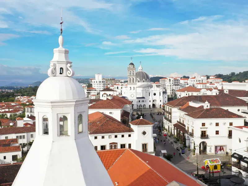 Aerial of Cayala with bell tower top