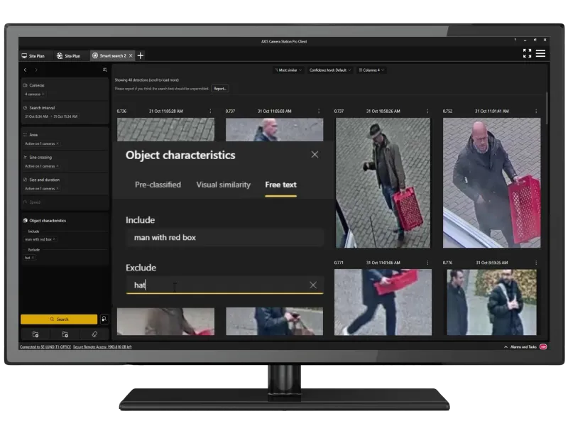 Interface of Free-text search in AXIS Camera Station Pro showing search for a man with a red box.