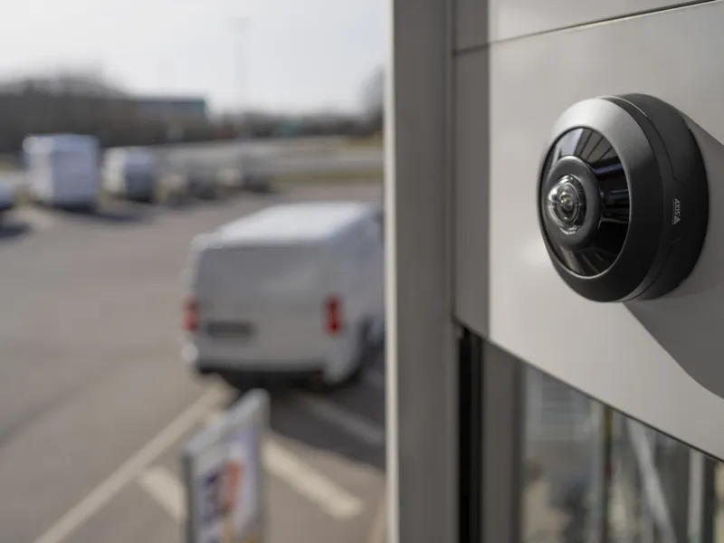 M4348-PLVE panoramic camera on the side of a wall