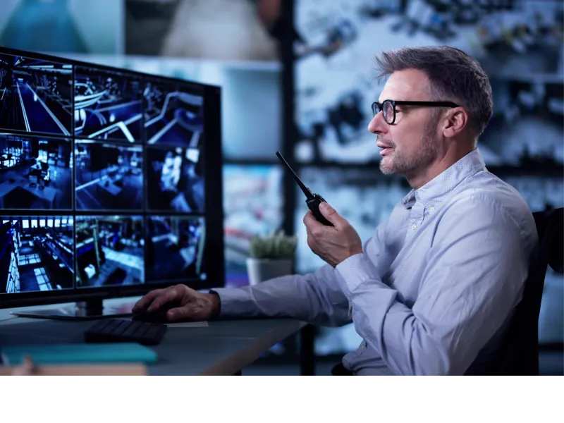 Security guard looking at monitors and holding a walkie talkie.
