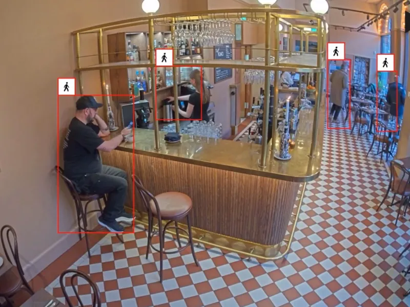 Restaurant setting with an analytic overlay to mark where are people 