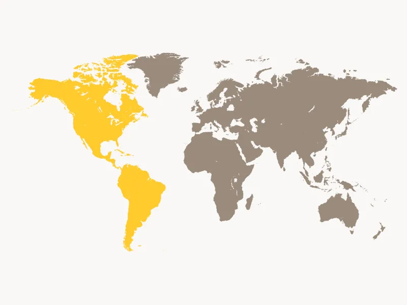 A world map illustration with the Americas region highlighted in yellow.