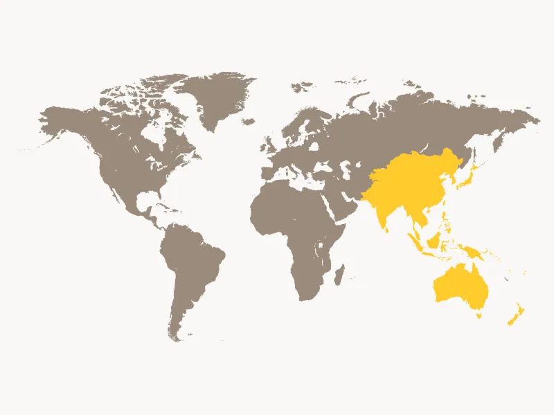 A world map illustration with the Asia and Pacific region highlighted in yellow.