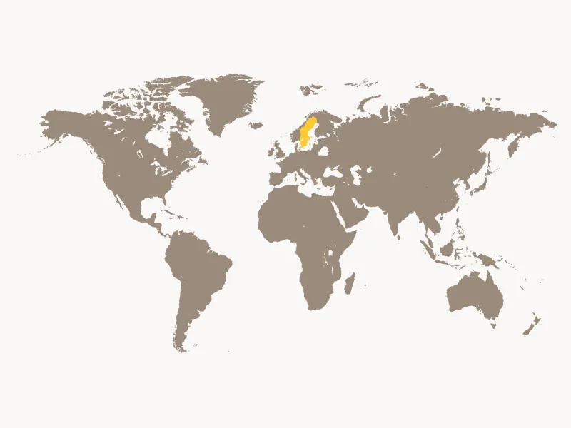 A world map illustration with Sweden highlighted in yellow.