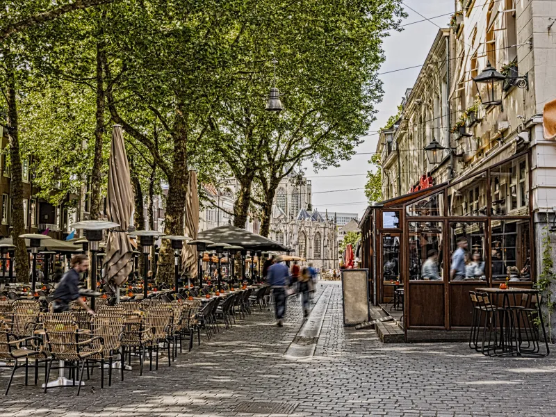 Outdoor restaurant with a walking street next to it