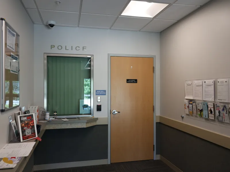 Station entrance interior view with Axis camera above reception
