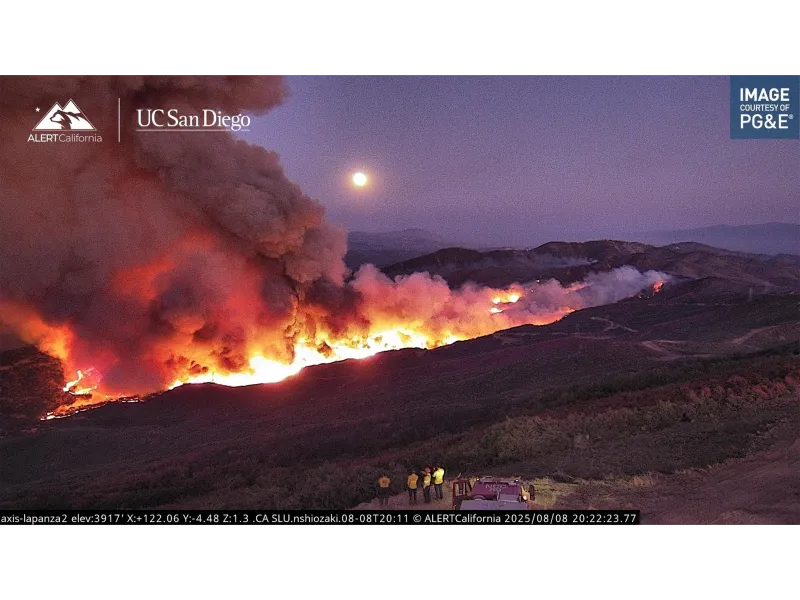 Wildfire camera view of flames and smoke in California