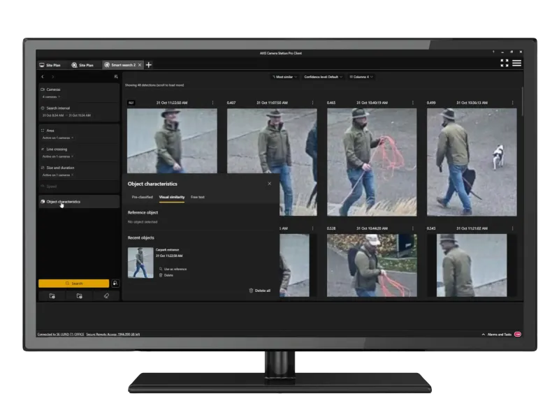 Interface of Smart search in AXIS Camera Station Pro showing search for a man with a red box.