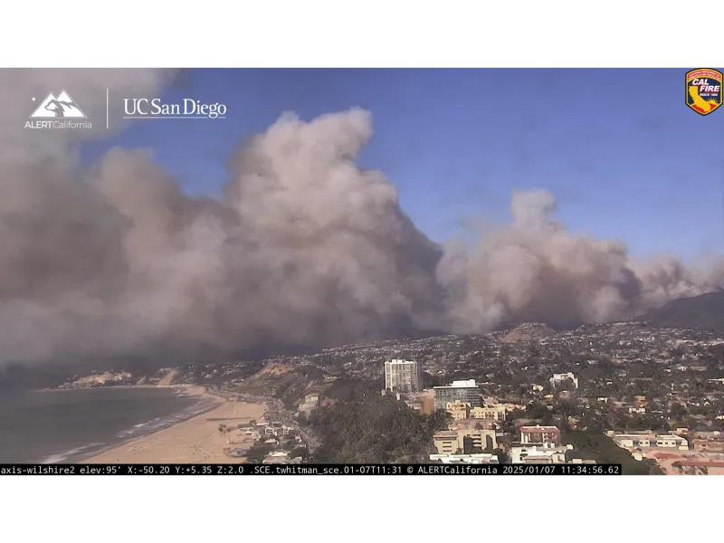 Plumes of smoke over city and coast