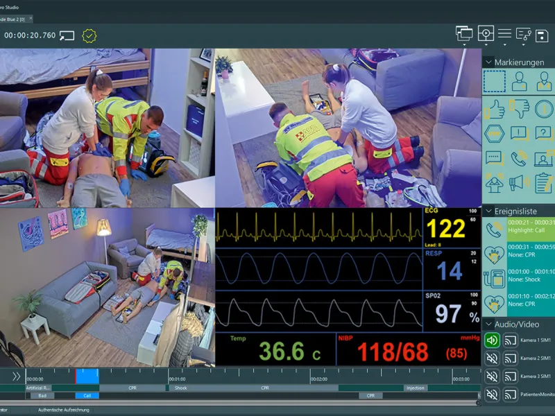 A medical simulation software interface displaying synchronized video feeds of a rescue scenario alongside patient vital signs for analysis.