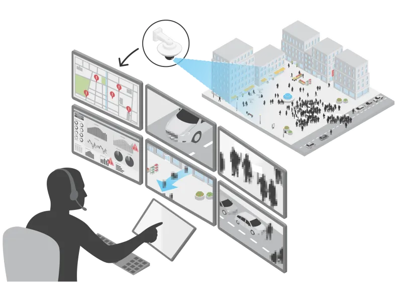 Operator looking at a monitor showing urban life