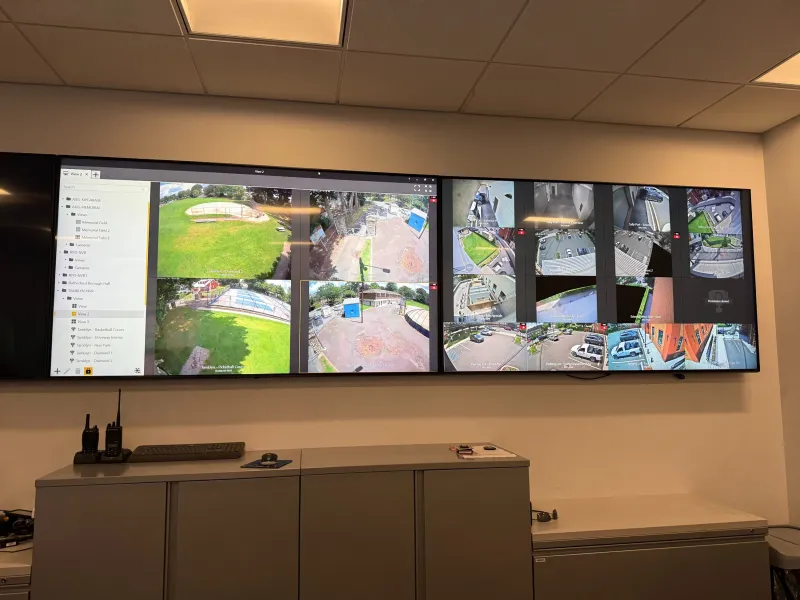 Monitors on wall showing video streams