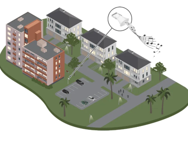 Ilustración de una zona residencial con edificios de apartamentos y una cámara de vigilancia mostrada en una llamada ampliada con ondas sonoras, que simbolizan la vigilancia mediante audio.