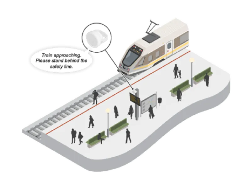 Tren llegando a un andén mientras se comunican eventos en tiempo real. 
