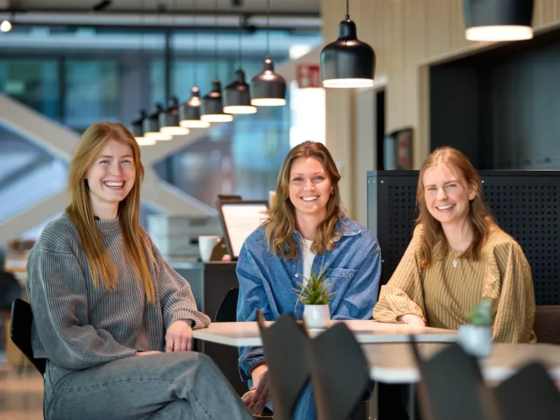 Three Axis colleagues from the Linköping office sitting at a table and smiling.
