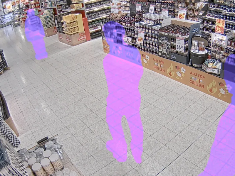 A snapshot from AXIS Live Privacy Shield in a grocery store with three human outlines.