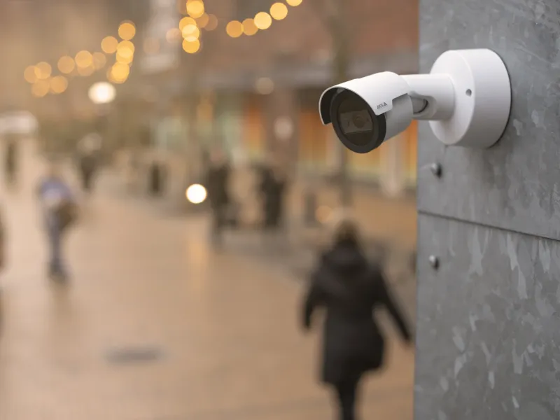 Wall mounted camera overlooking shopping street