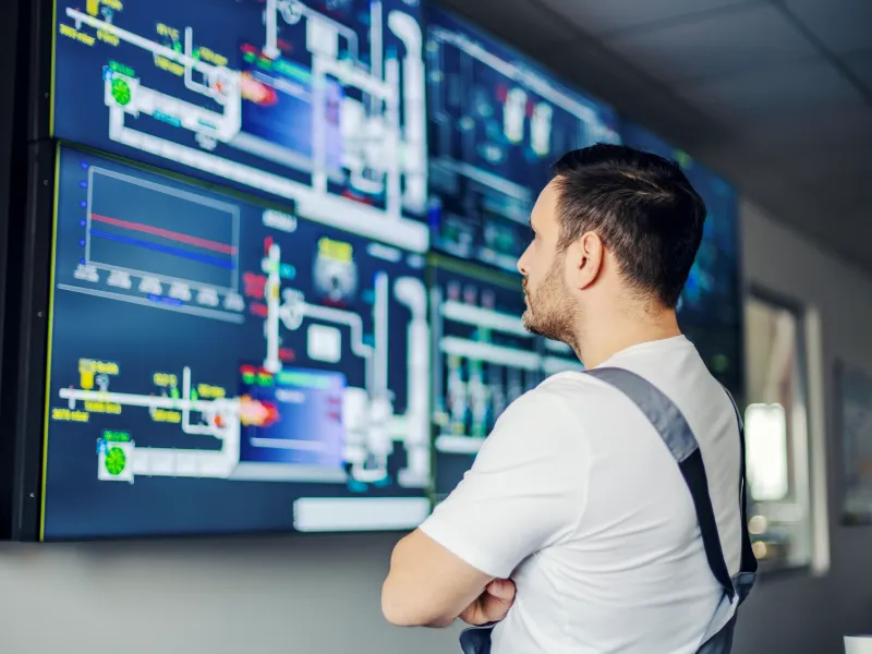 Man looking at a monitor that's showing a industrial automation control room.