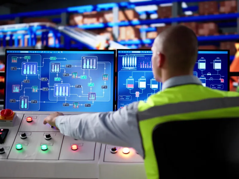 Man in neon vest monitoring industrial processes.
