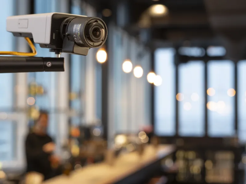 Box camera mounted in hotel bar 