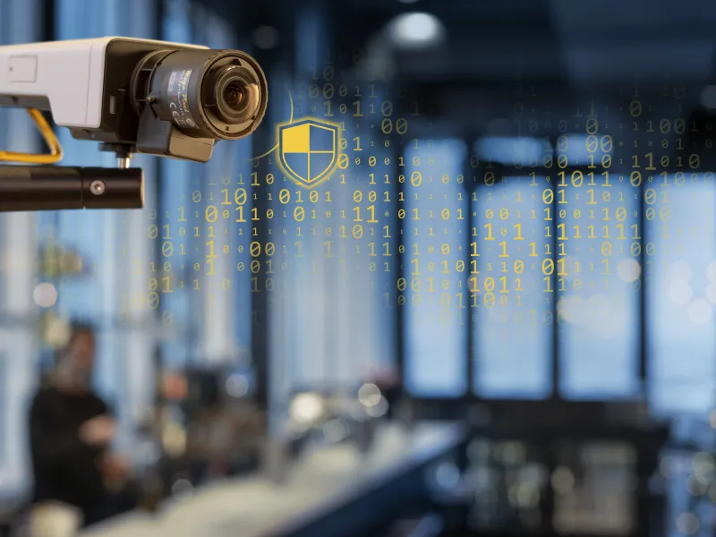 AXIS P1387 in hotel bar with cybersecurity overlay