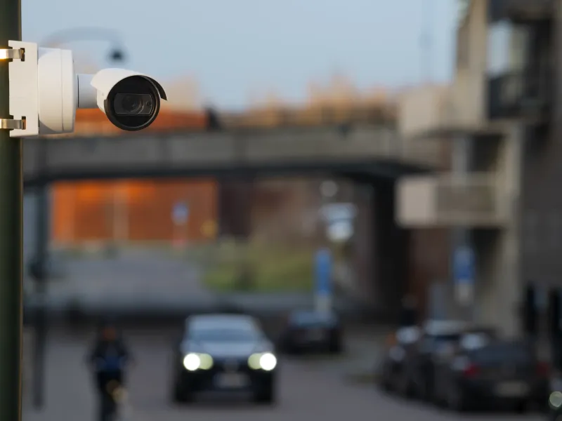 AXIS P1486-LE mounted on a pole next to urban road