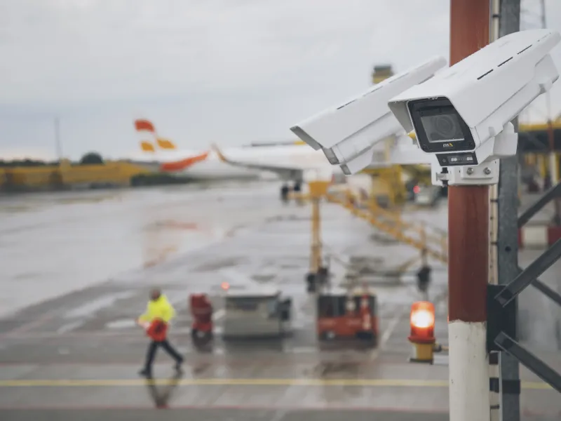 Box camera mounted in front of airport tarmac