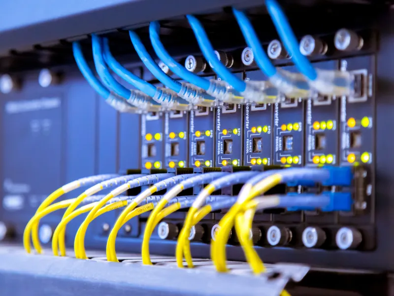 Close up of a server rack with yellow and blue cables.
