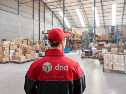 Man with branded DPD Hungary clothes in a warehouse.