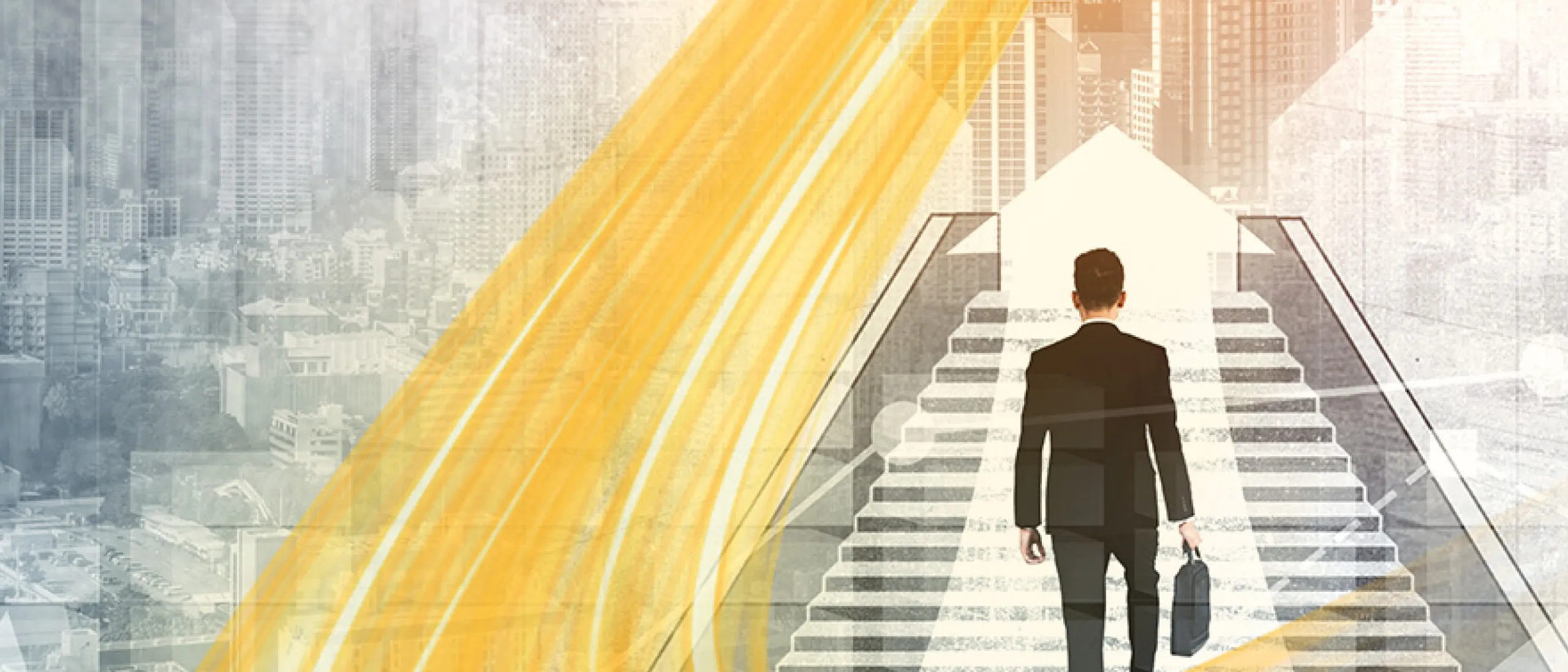 A man in a suit walking up the stairs.