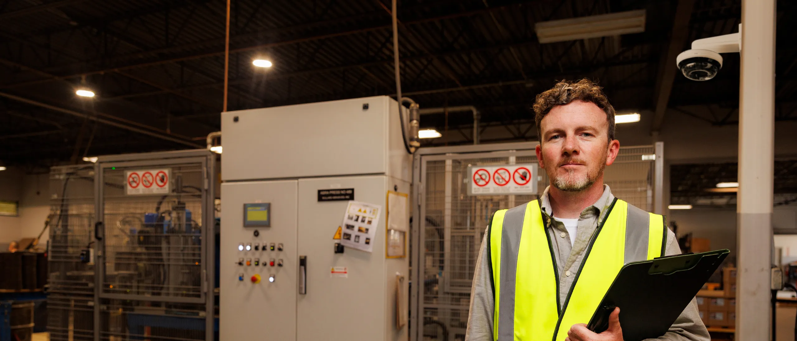 Man in reflex west under a camera in near a big electrical cabinet.