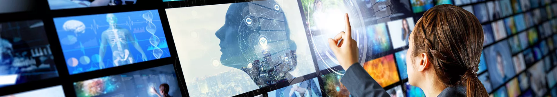 Woman pointing at virtual video archive