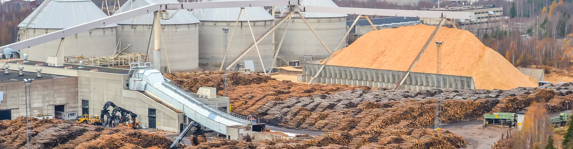 Plant area with large silos, pulp, paper and wood logs