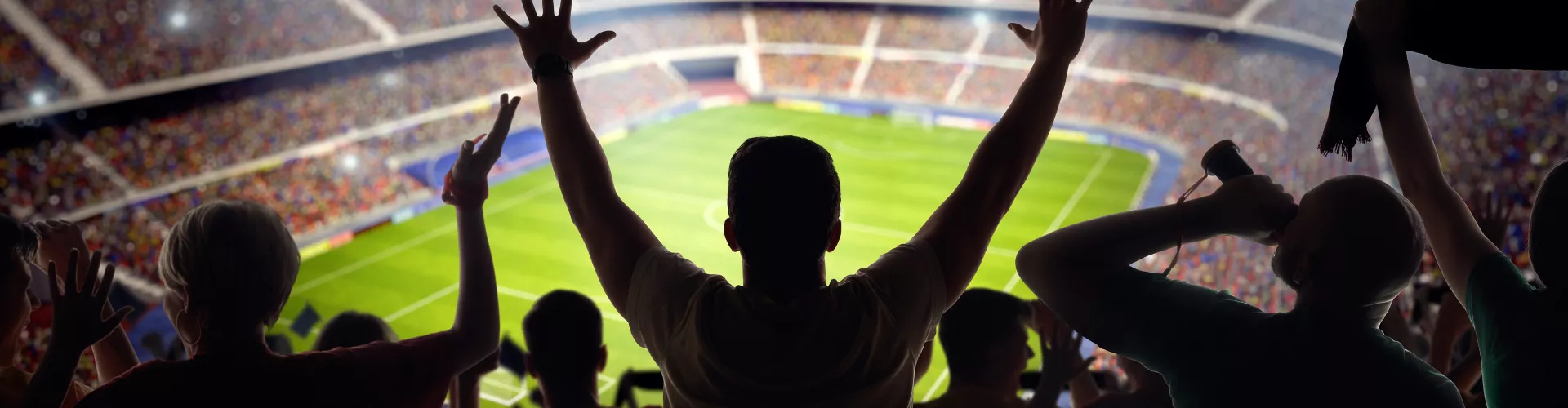 Silhouettes of spectators looking out over a soccer stadium 