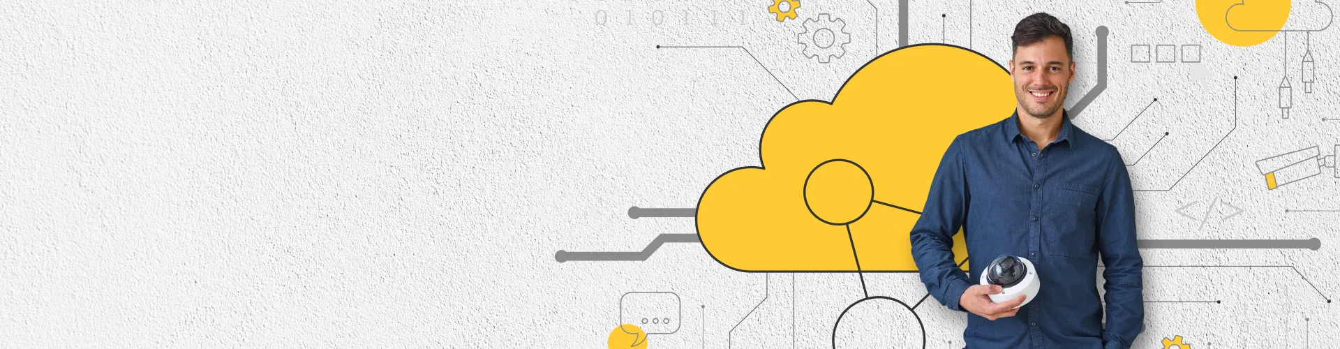 Cloud connect visual man standing holding a camera in front of yellow cloud illustration.