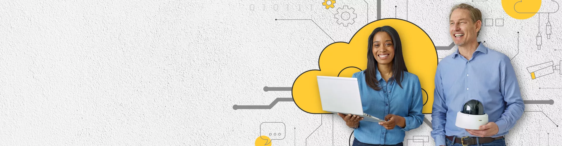 woman holding a laptop, beside a man holding a camera, behind a wall with yellow cloud illustration