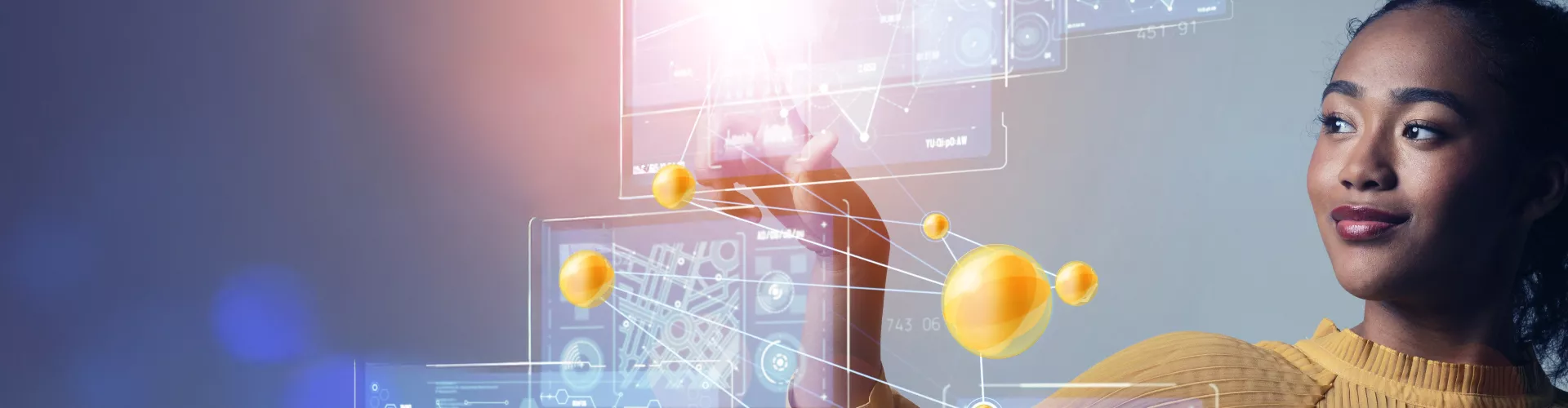 woman pointing at virtual system dashboards