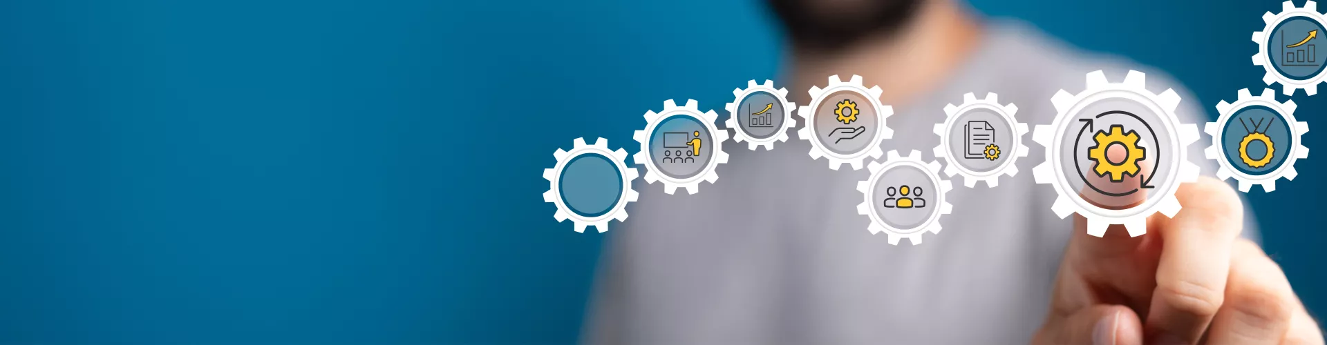 Icons showing different service solutions on a blue background.