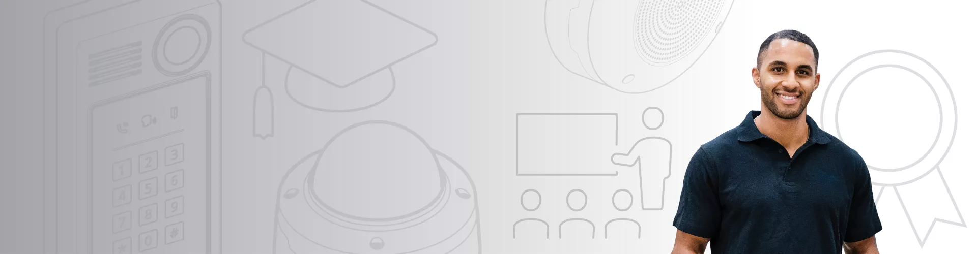 man standing next to sketch outlines of Axis products.